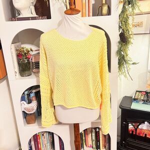 Lauren Condrad Womens Yellow Open Knit Flare Sleeve Boxy Sweater Sz XL Preppy